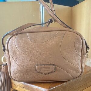 Aimee Kestenberg Tan Leather Textured Camera Style Crossbody Bag Tassel Detail